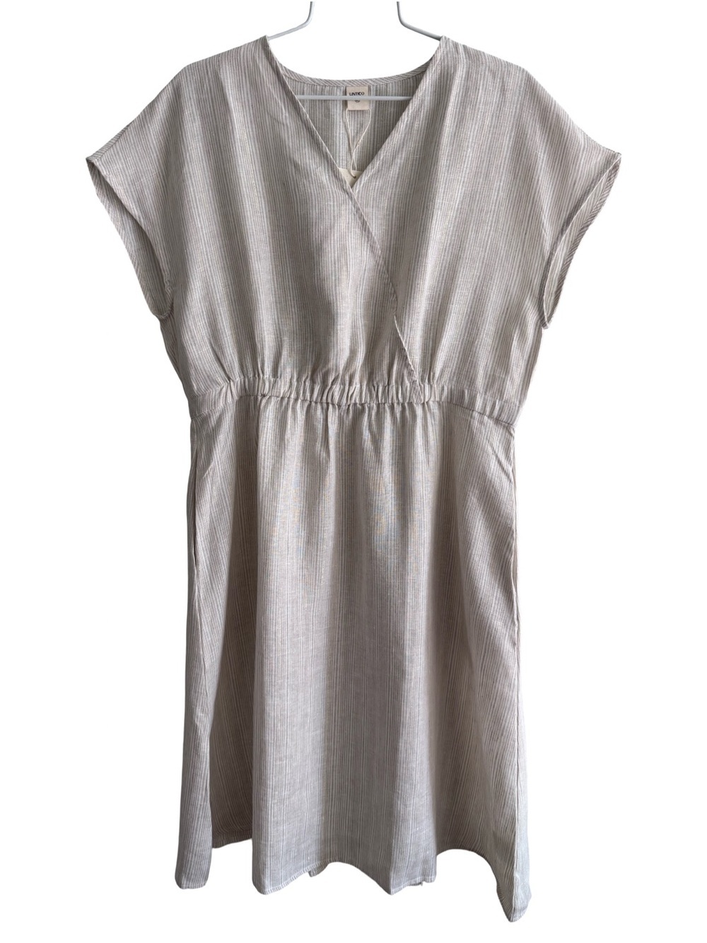 100% Linen Striped Elastic-Waist Midi Dress ARIA Beige Stripe Size XL